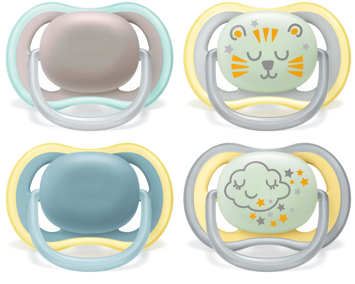 Philips Avent Ultra Air Soother - Pack of 4 Light, Breathable Soothers: 2 Glow in The Dark soothers and 2 Day soothers, 18M+ (Model SCF349/43)