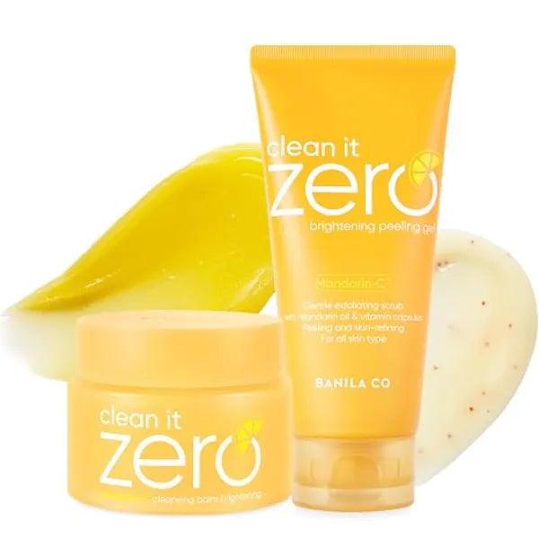 BANILA CO Clean It Zero Brightening Duo Set Cleansing Balm 100ml + Peeling Gel 120ml Mandarin C Vitamin C Skincare for Radiant, Smooth & Glowing Skin Vegan Korean Facial Cleanser & Exfoliator