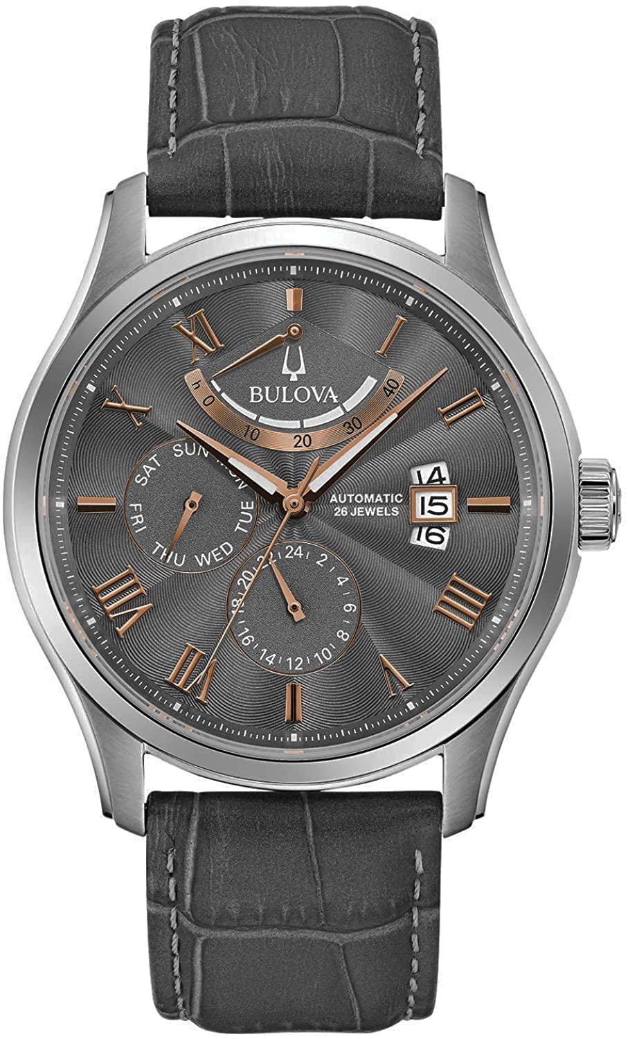 Bulova Men's Classic Wilton 6-Hand Chronograph Quartz, Luminous Hands, Textured Dial, Roman Numeral Markers - Gray
