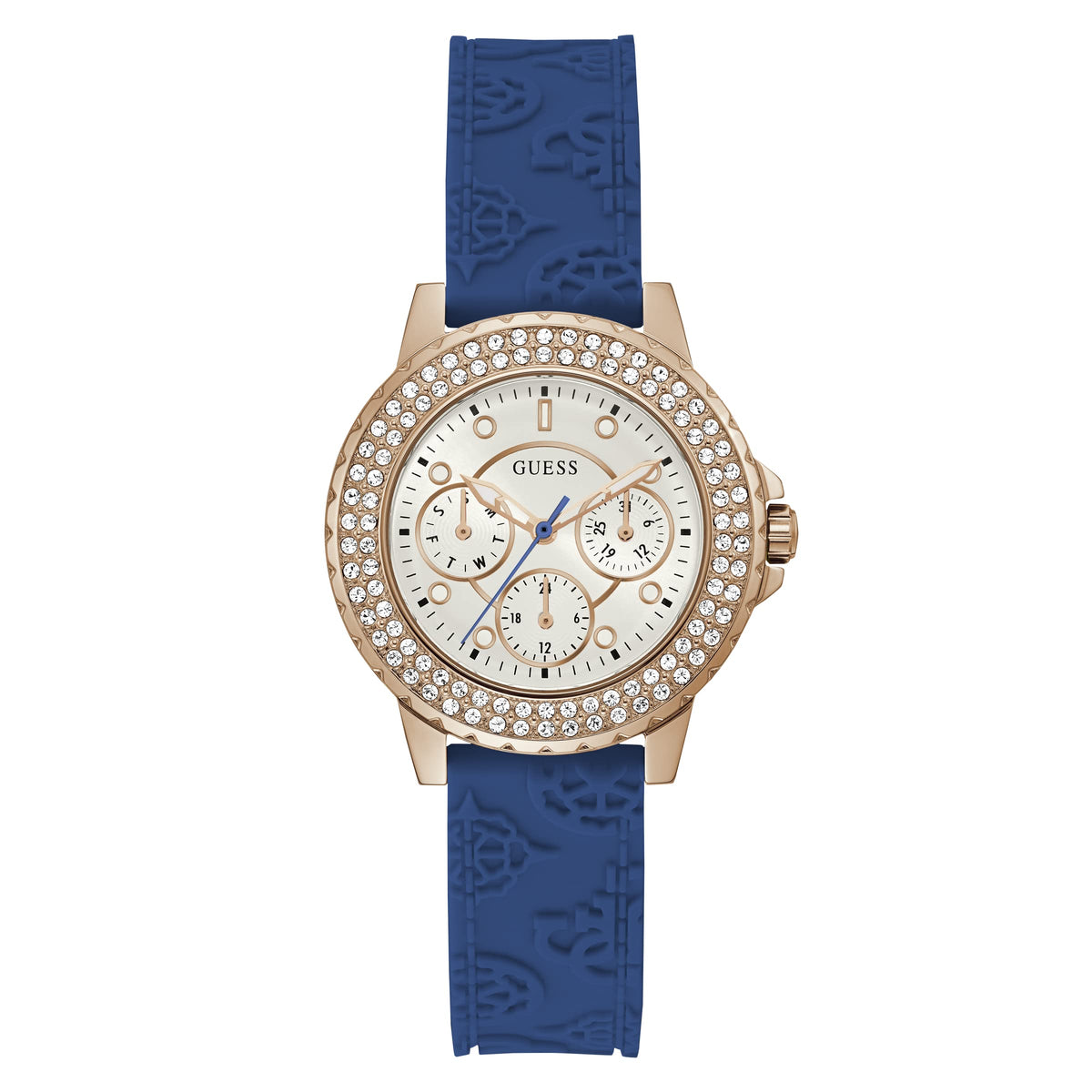 GUESS Ladies Sport Crystal Multifunction 36mm Watch – White Dial Rose Gold-Tone Stainless Steel Case with Blue Silicone Strap