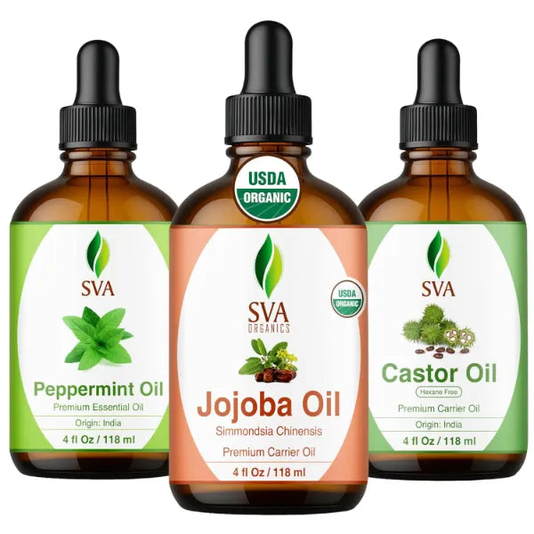SVA ORGANICS Castor Carrier Oil, Peppermint Essential Oil, and Jojoba Carrier Oil Bundle Super Saver Combo – Premium Grade Value Set for Hair Oiling, Scalp Massage, Hair Care, Skin Care and Body