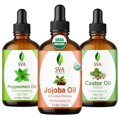 SVA ORGANICS Castor Carrier Oil, Peppermint Essential Oil, and Jojoba Carrier Oil Bundle Super Saver Combo – Premium Grade Value Set for Hair Oiling, Scalp Massage, Hair Care, Skin Care and Body