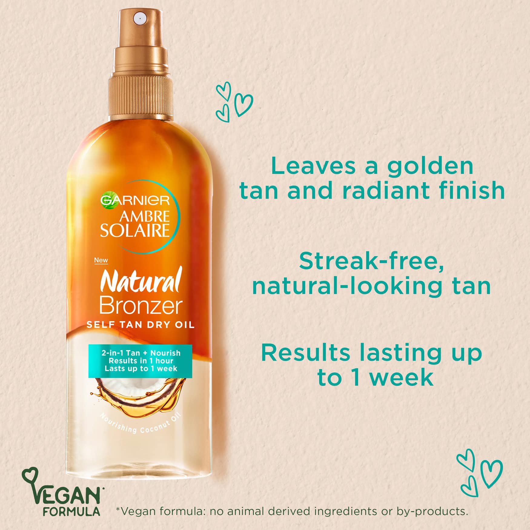 Garnier Ambre Solaire Natural Bronzer Self Tan Dry Oil 150ml,2-in-1 Oil Enriched With Coconut Oil,Nourishes Skin & Leaves A Luminous Fake Tan,Natural Streak-Free Result,Lasts Upto 1 week,Vegan Formula