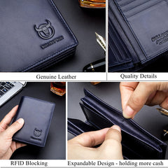 BULLCAPTAIN Large Capacity Genuine Leather Bifold Wallet/Credit Card Holder for Men with 15 Card Slots QB-027, Blue, Small, Modern