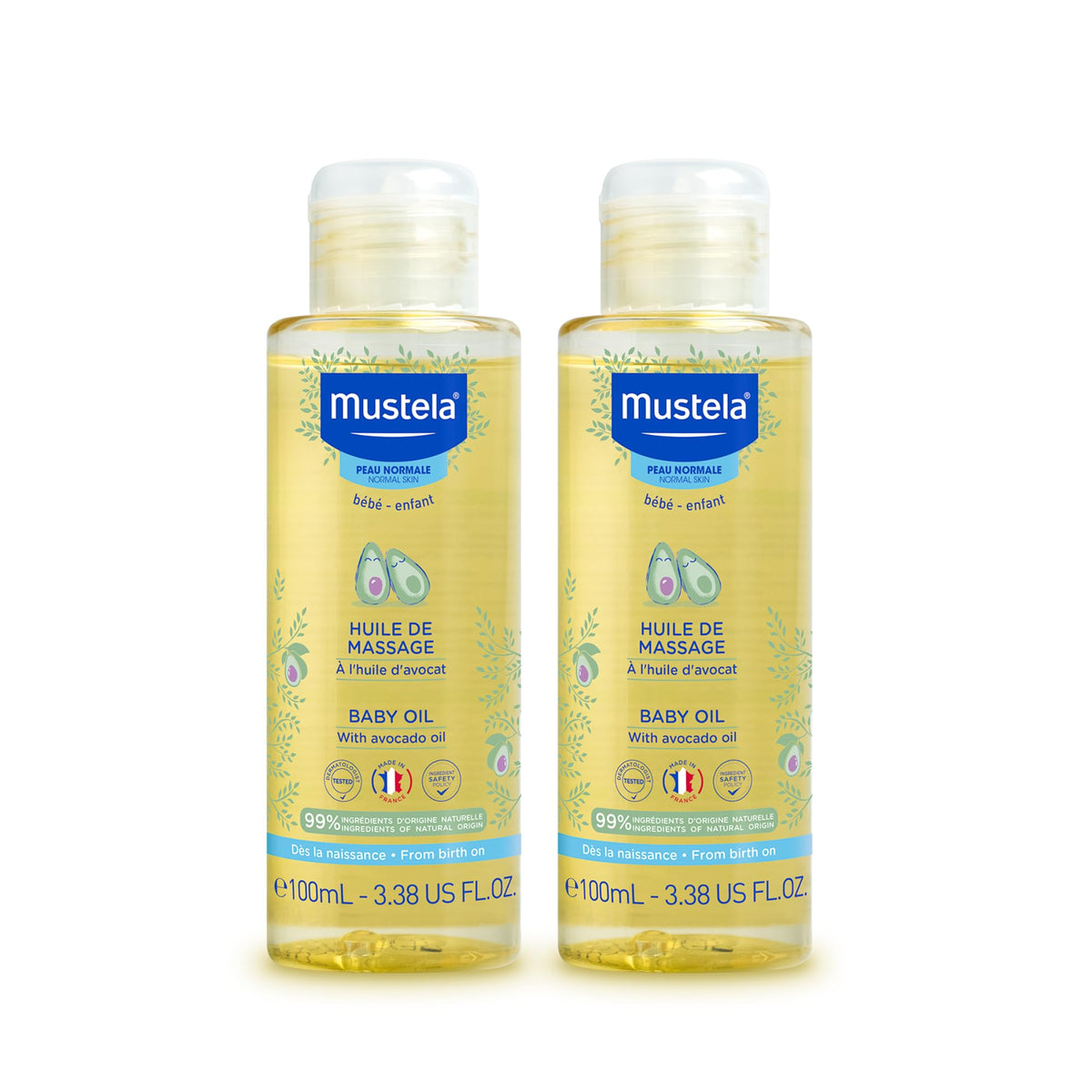 Mustela Baby Oil - Moisturizing Oil for Massage - with Natural Avocado fortified with Vitamin B5 - Biodegradable Formula & Tear-Free - Pack of 2