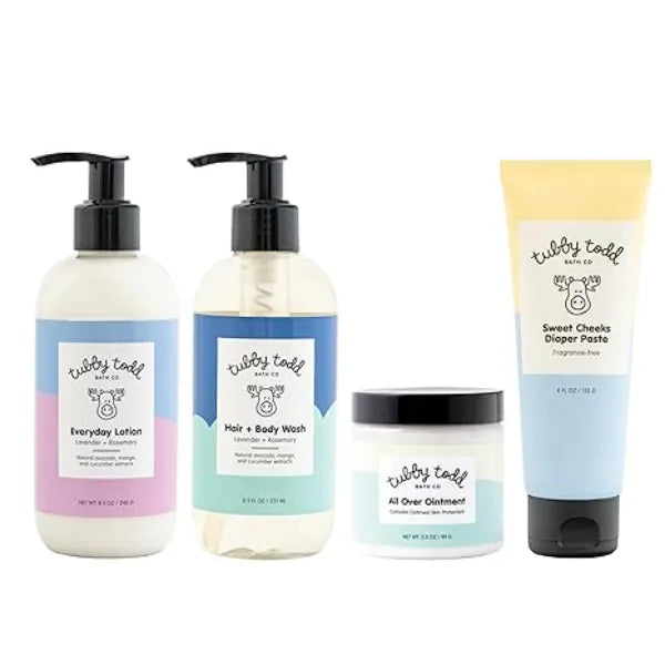 TUBBY TODD Baby Bath & Skincare Kit The Baby Bundle Shampoo and Body Wash, Everyday Lotion 8.5 Oz, All Over Ointment 3.5 Oz & Diaper Paste Cream 7.9 Oz Gift Set Lavender Rosemary