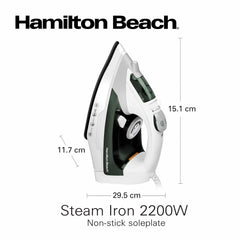 Hamilton Beach Steam Iron 2200W, Vertical steam, 23g/min steam flow, steam shot, water spray, Dry & 3 steam settings, non-stick soleplate, Anti-drip, Anti-calc, Self clean, ST2747-ME