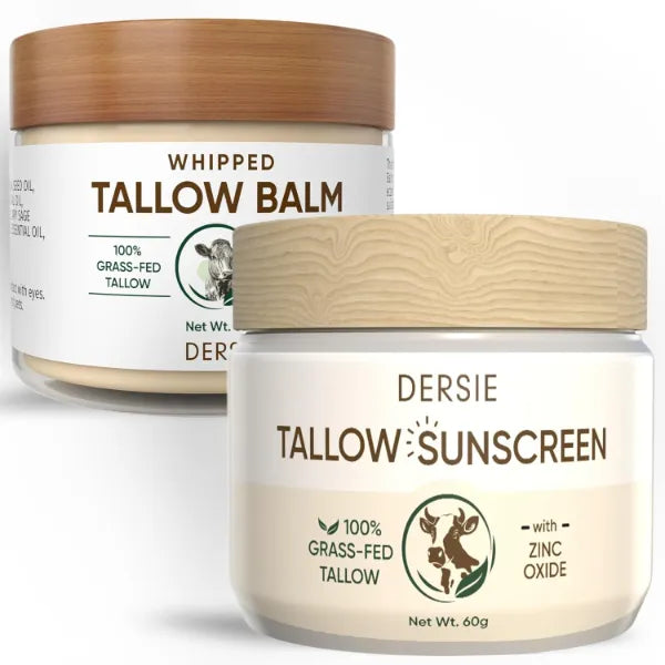 Dersie Tallow Sunscreen & Tallow Balm Set: 100% Grass-Fed Beef Tallow Sunscreen Balm with Zinc Oxide + Whipped Tallow Moisturizer – Daily Sun Protection & Deep Hydration for Sensitive Skin, Face & Body