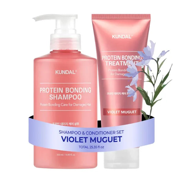 KUNDAL Protein Bonding Shampoo and Conditioner Set [Violet Muguet] - Korean Hair Care, Damage Repair, Frizz Control, Heat Protection, Pink-Glam Complex, 16.9fl oz/ 6.76fl oz (Pack of 2)