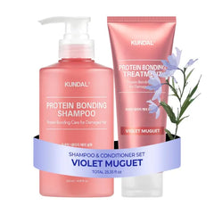 KUNDAL Protein Bonding Shampoo and Conditioner Set [Violet Muguet] - Korean Hair Care, Damage Repair, Frizz Control, Heat Protection, Pink-Glam Complex, 16.9fl oz/ 6.76fl oz (Pack of 2)