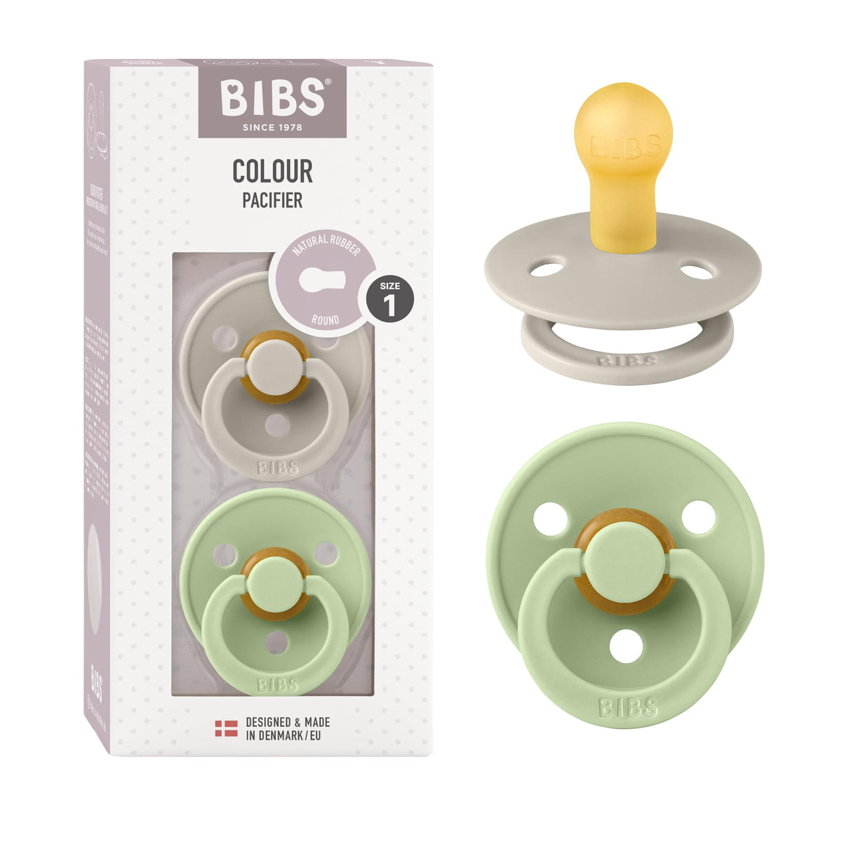 BIBS Colour Baby Pacifier 2-Pack | Made in Denmark | BPA Free Dummy Soother, Round Natural Rubber Latex, Size 1 (0-6 Months), Sand/Pistachio