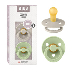 BIBS Colour Baby Pacifier 2-Pack | Made in Denmark | BPA Free Dummy Soother, Round Natural Rubber Latex, Size 1 (0-6 Months), Sand/Pistachio