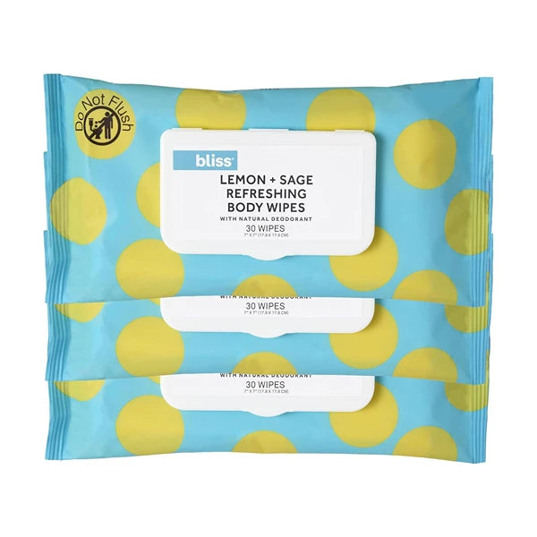 Bliss Post-Workout & Travel Deodorant Wipes – Lemon & Sage, Plant-Based Body Wipes for Sweat & Odor, Aluminum-Free, 30 Count (3-Pack)