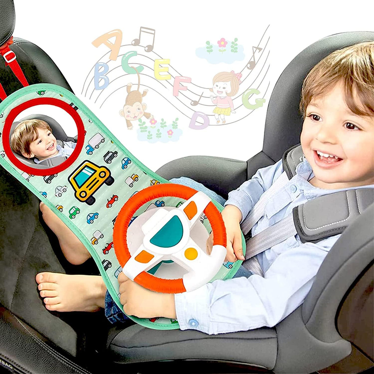 AM ANNA Baby Car Seat Toys for Infants with Mirror, Carseat Toys Steering Wheel with Music Lights and Driving Sounds, Travel Car Seat Toy for Infants Babies 6 to 12 Months