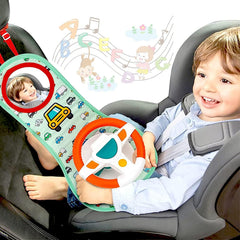 AM ANNA Baby Car Seat Toys for Infants with Mirror, Carseat Toys Steering Wheel with Music Lights and Driving Sounds, Travel Car Seat Toy for Infants Babies 6 to 12 Months