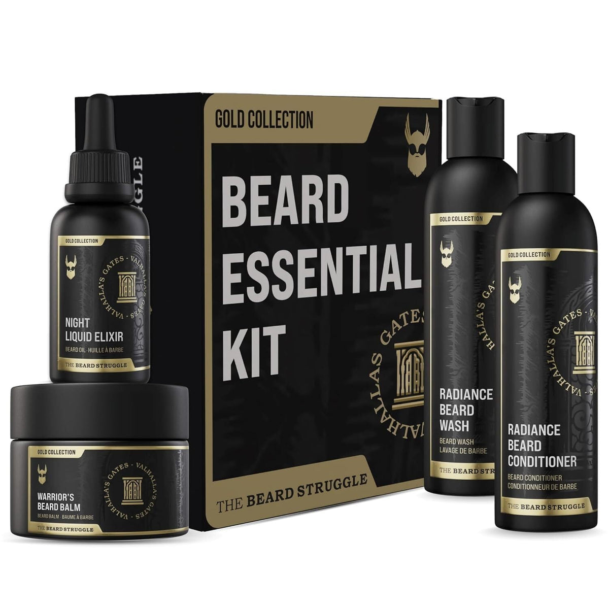 The Beard Struggle Beard Growth Kit for Men Essential Beard Kit includes Beard Balm, Beard Oil, Beard Wash, & Beard Conditioner - Beard Grooming Kit for Men - Gold Collection - Valhalla's Gates
