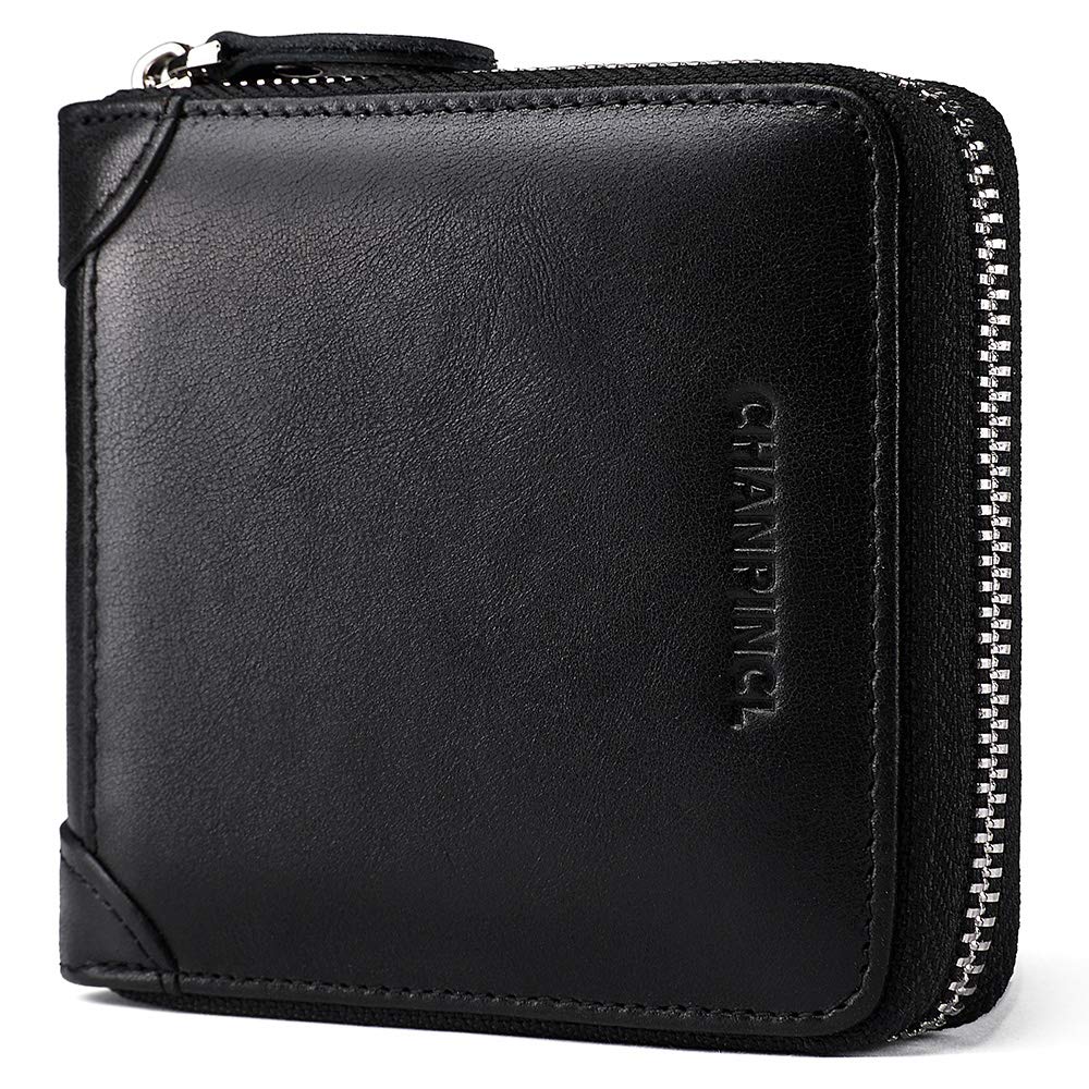 Mens Genuine Leather Zipper Wallet RFID Secure Large Capacity Double Fold Multi-card Leather Wallets for Men and coin purse (Vintage leather black)
