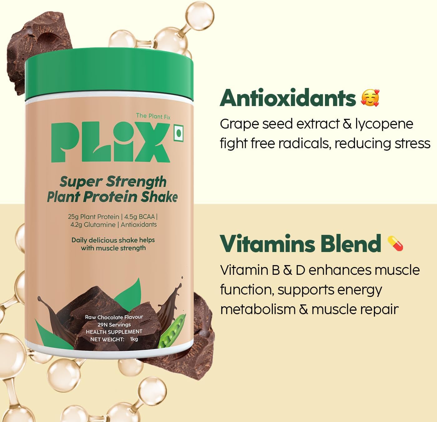 PLIX - THE PLANT FIX Strength Vegan Protein Powder 2 KG (Chocolate) Pea Protein Isolate and Brown Rice Blend, 25 g Protein, No Added Sugar, Gluten free