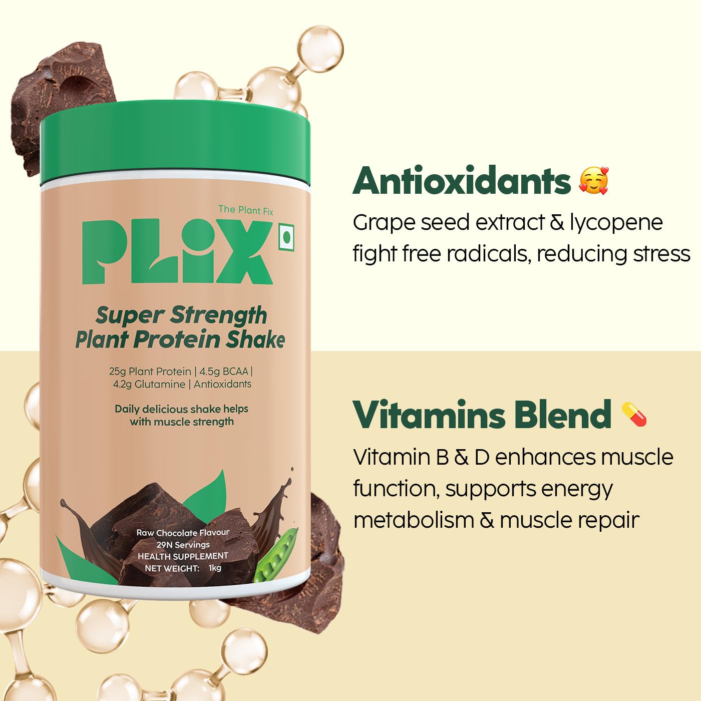 PLIX - THE PLANT FIX Strength Vegan Protein Powder 2 KG (Chocolate) Pea Protein Isolate and Brown Rice Blend, 25 g Protein, No Added Sugar, Gluten free