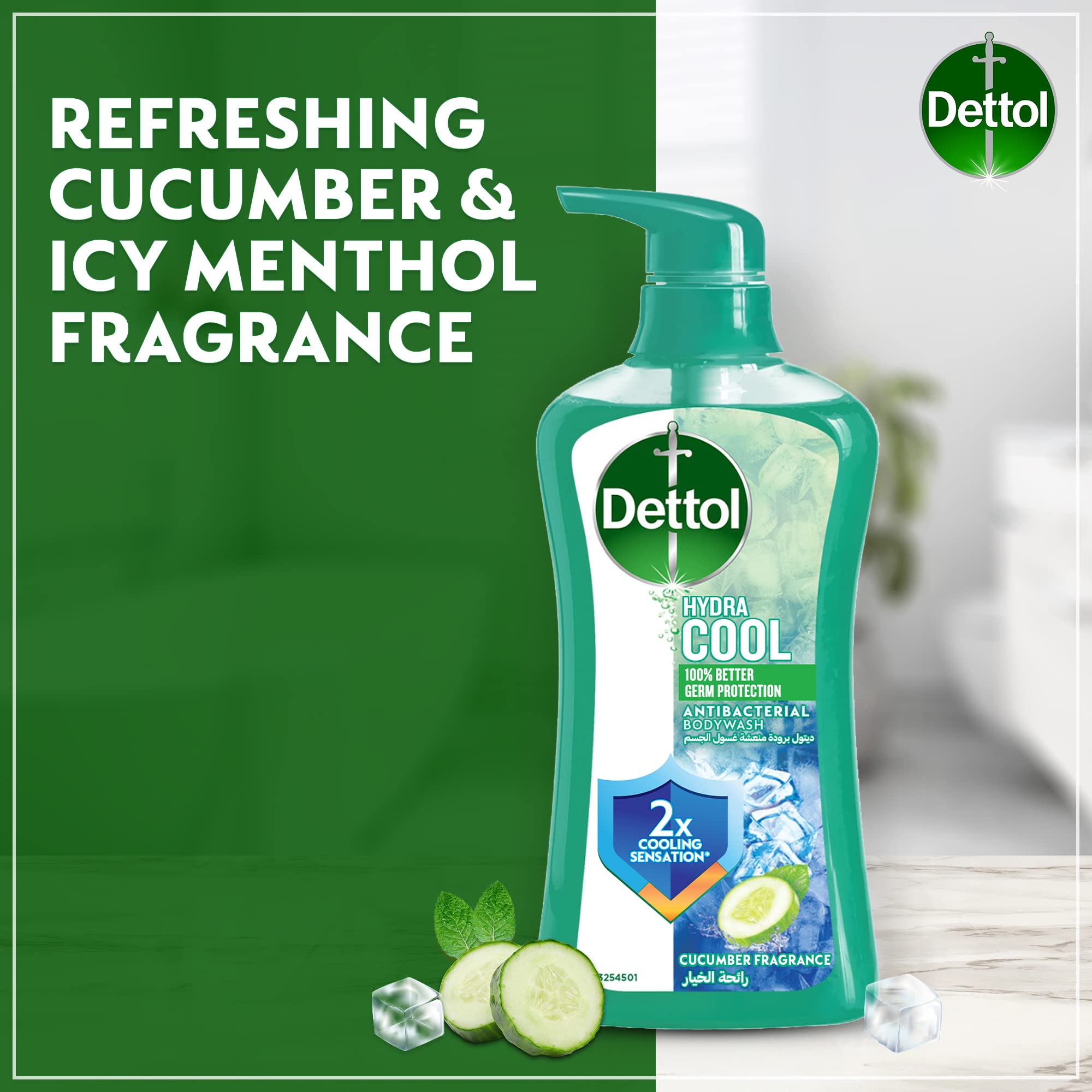 Dettol Hydra Cool Showergel & Bodywash, Cucumber & Icy Menthol Fragrance for Effective Germ Protection & Personal Hygiene, 500ml (Packaging may vary)