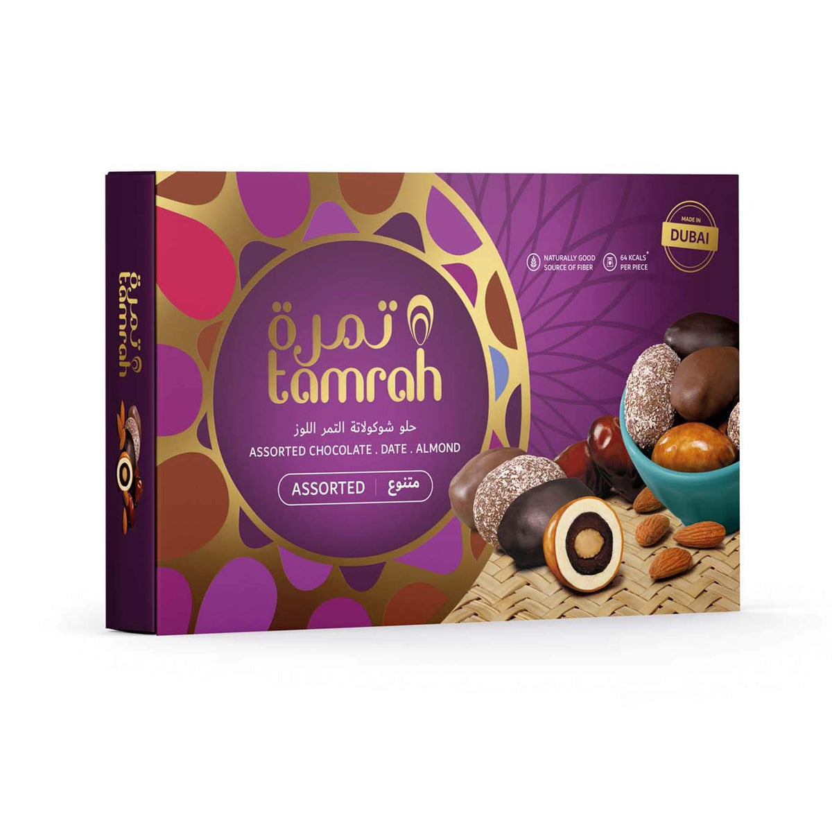 Tamrah Assorted Chocolate Caramel, Milk, Dark, and Coconut | Premium Pure Chocolates with Crunchy Almonds Stuffed Inside Succulent Dates, Perfect for Birthdays and Special Occasions – 270g