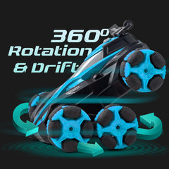 RC Car Toys, 6WD Remote Control Stunt Car, All-Terrain RC Car with 360° Swing-Arm, LED Lights, Music, Smoke Effects, 900 mAh Battery, Dual 2.4 Ghz & Motion-Sense Control - Toys for Kids (Blue)
