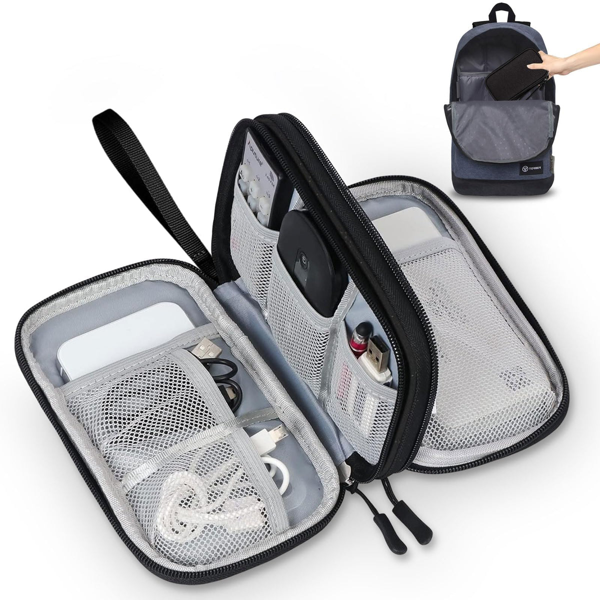 OPULENO Electronic Organizer, Travel Cable Organizer Bag with Double Layer Design, Waterproof Electronics Accessories Storage Bag for Cable, Charger, Cord, Phone, Earphone (Black)