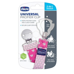 Chicco Universal Two in One Baby Pacifier/Soother Clip/Holder with Universal Loop for Teethers and Small Toys, Plus Soft Attachment Ring Included for Knob Style Pacifiers, Pink/Grey