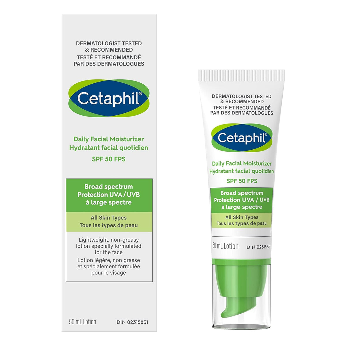 Cetaphil Daily Facial Moisturizer SPF 50 - For Sensitive Skin - Oil Free and Non Greasy - Lightweight Lotion With Broad Spectrum Protection - Dermatologist Recommended, 50ml Pack Of 1