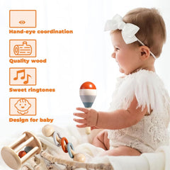 Montessori Wooden Toys for Baby, Wooden Baby Rattle Toys Set, 5pcs Wooden Music Alinstrument Toys with Trumpet, Maracas, Castanets, Three-Ring Rattle, Cage Rattles, Montessori Toys for Babies 0-