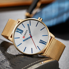 Men's Quartz Watch Simple Ultra-Thin Wristwatch Stainless Steel Strap 3ATM Waterproof Big Dial Analog Wrist Watch - gold-white