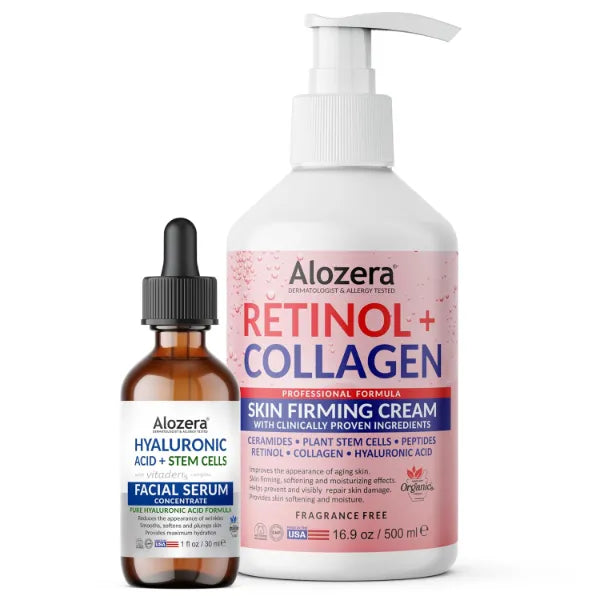 Alozera Retinol Collagen Body Lotion & Hyaluronic Acid Serum Bundle with Stem Cells for Firming, Hydrating, Plumper & Smoother Skin, Lightweight & Fragrance-Free