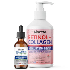Alozera Retinol Collagen Body Lotion & Hyaluronic Acid Serum Bundle with Stem Cells for Firming, Hydrating, Plumper & Smoother Skin, Lightweight & Fragrance-Free