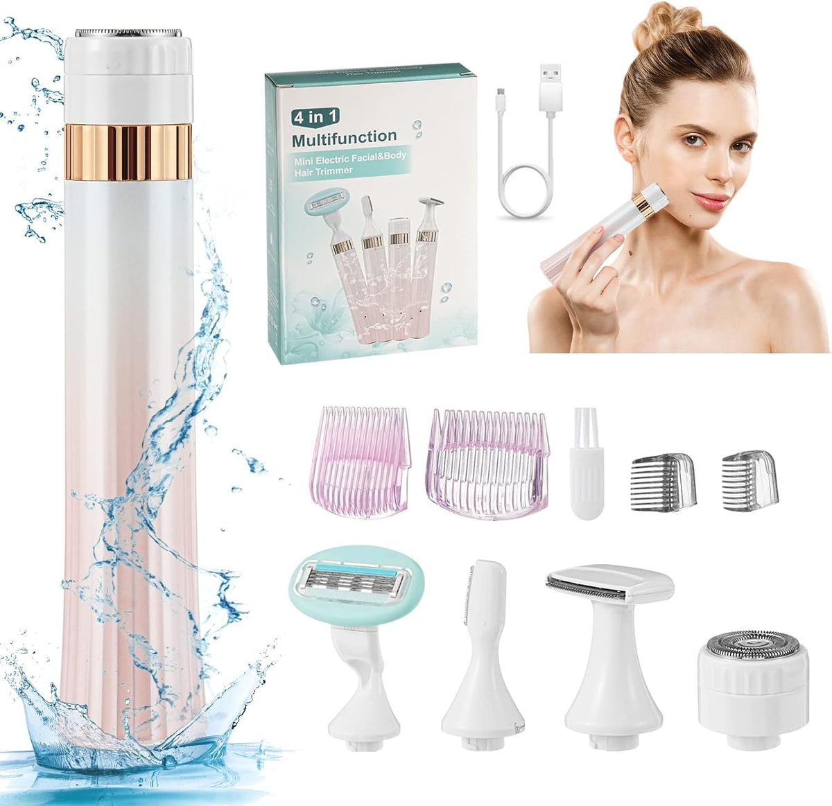 Electric Epilator for Women, 4 in 1 Flawless Hair Remover, Portable Wet & Dry Professional Lady Shaver, Portable Trimmer, Rechargeable Painless Hair Removal Tool Razors Women Eyebrow Nose Face Leg