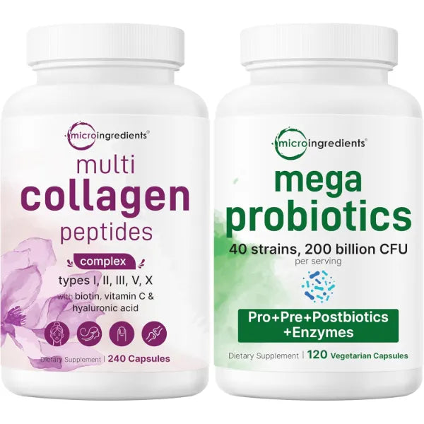 Micro Ingredients 8-in-1 Multi Collagen Pills & Mega Probiotics 200 Billion CFU Veggie Capsules | 2 Pack Bundle | Hydrolyzed Peptides + Hyaluronic Acid & Vitamin C | 40 Strains + Inulin & Bromelain