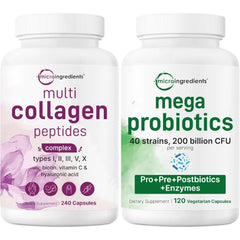 Micro Ingredients 8-in-1 Multi Collagen Pills & Mega Probiotics 200 Billion CFU Veggie Capsules | 2 Pack Bundle | Hydrolyzed Peptides + Hyaluronic Acid & Vitamin C | 40 Strains + Inulin & Bromelain