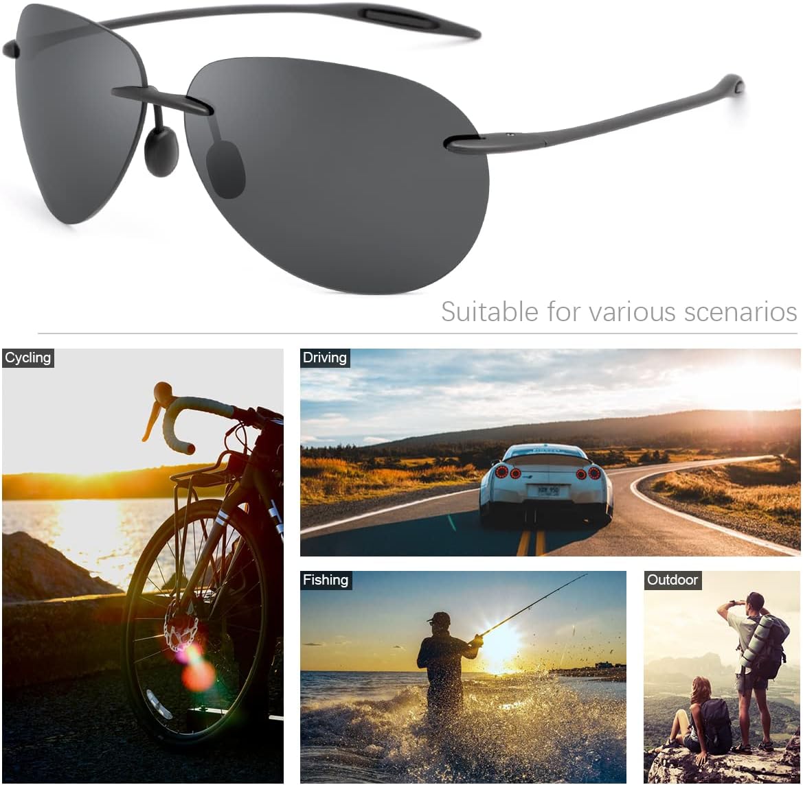 Polarized Sunglasses for Men Women Rimless Frame Driving Glasses UV400 Protection Mirror Lens Shades Sport Eyewear Eyeglasses