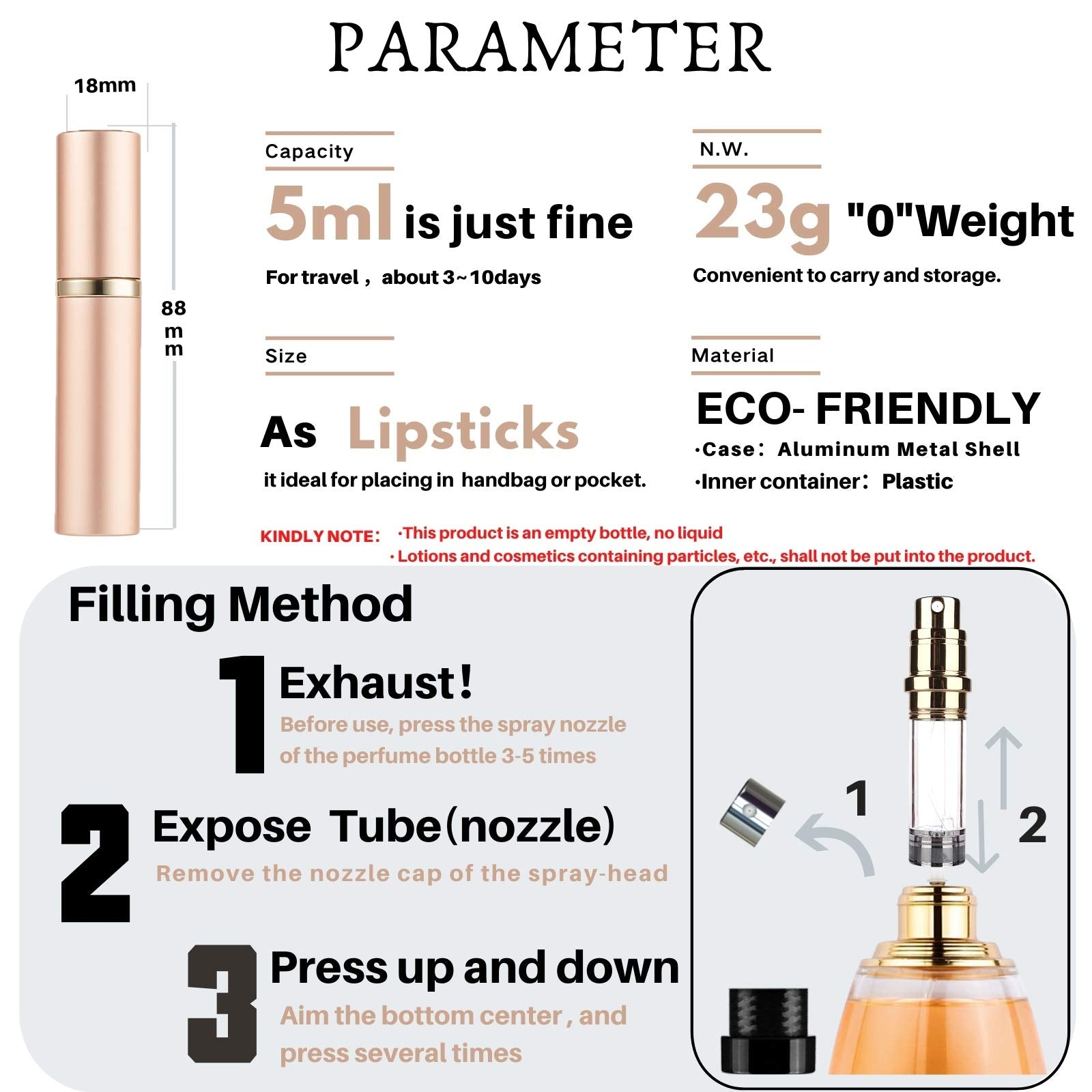 AsaNana Perfume Atomiser, Refillable & Travel Size Perfume Bottle, Leaking Proof,Bottom Pump without Funnel, Luxurious Small women and men, 5ml (Cla.-RoseGold)