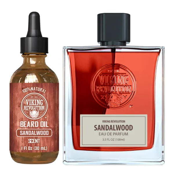 Viking Revolution Sandalwood Beard Oil (1 Fl Oz) Beard Softener, Strengthener, Moisturizer and Sandalwood Cologne for Men with Notes of Cedar, Cypress, Plum Blossom, Lemon, Balm, Vanilla (3.5 Fl Oz)