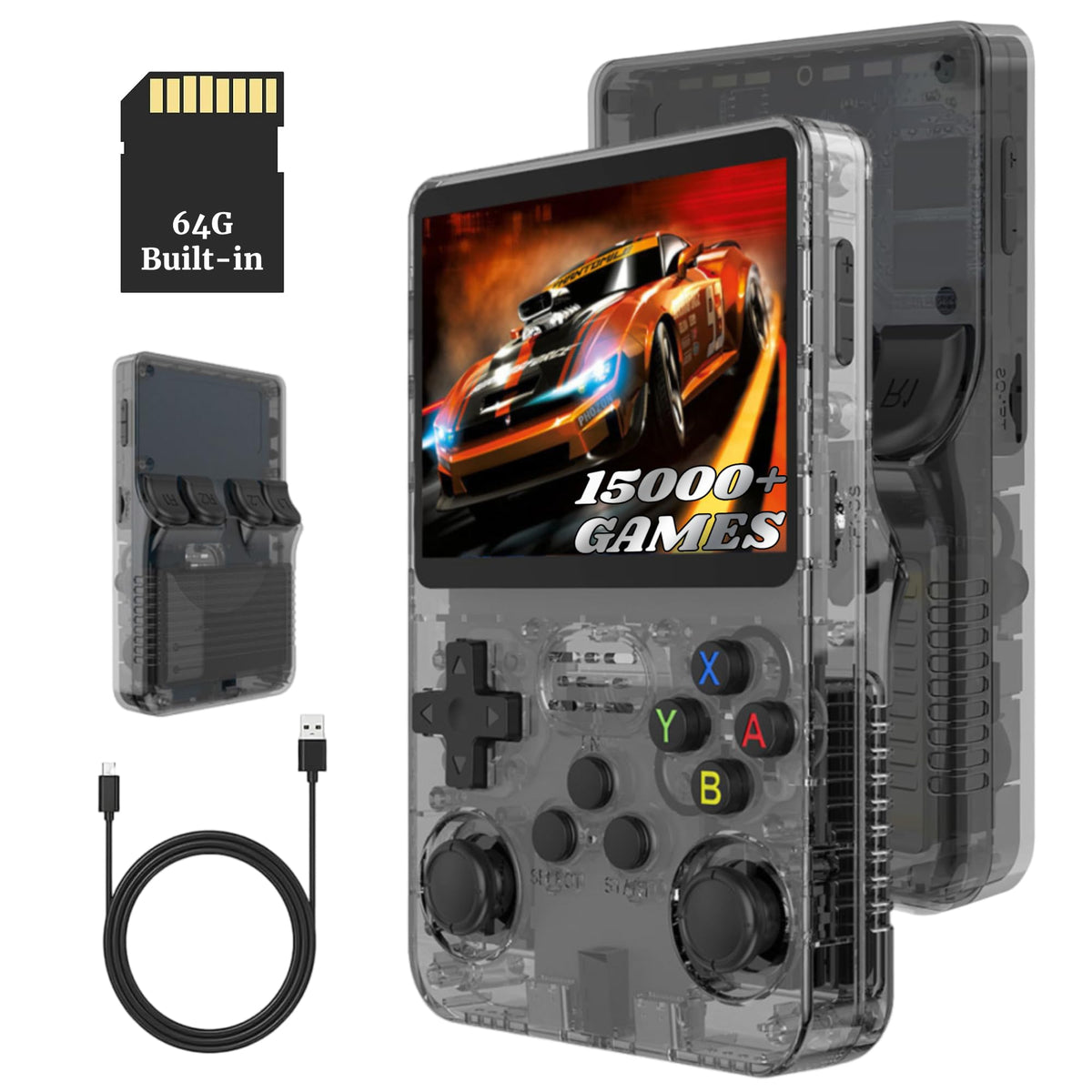 Bewinner 3.5 Inch Retro Handheld Game Console, Video Game Console with Dual Style Linux/Garlic Support, Retro Console with Dual 3D Joysticks (Transparent Black) (64G)