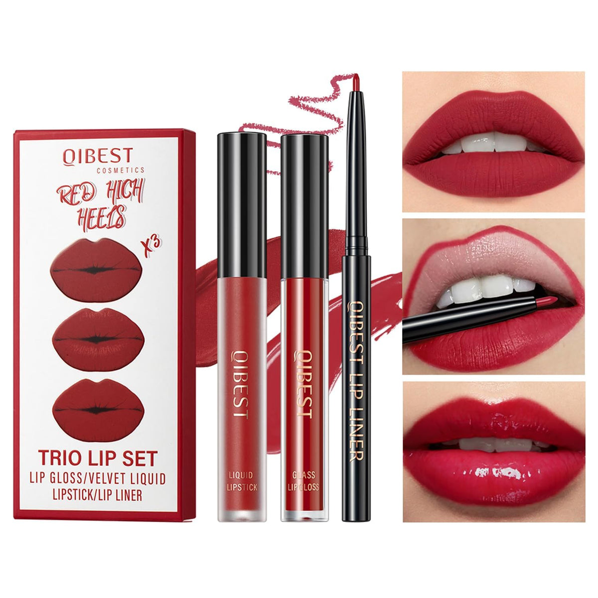 3 In 1 Liquid Lipstick Makeup Set, Non-stick Cup Matte Liquid Lipstick For Woman, Moisturizing Lip Gloss And Lip Liner, Long Lasting Lipstick 24H,Waterproof Liquid Lipstick Kit (06# Luscious Red)