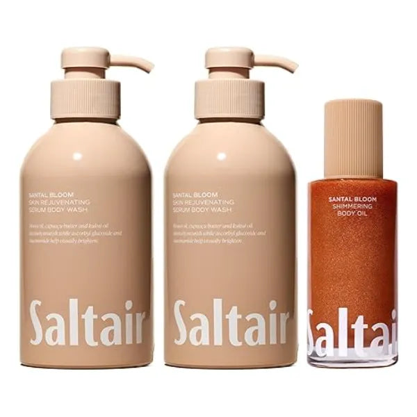Saltair 2 Pack Body Wash and Shimmering Body Oil Set Moisturizing Cleanser and Dry Oil Moisturizer with Light Reflecting Pearl Pigments After Shower Skincare Glow Santal Bloom Scent