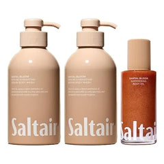 Saltair 2 Pack Body Wash and Shimmering Body Oil Set Moisturizing Cleanser and Dry Oil Moisturizer with Light Reflecting Pearl Pigments After Shower Skincare Glow Santal Bloom Scent