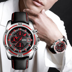 Skmei Sports Mens Watches, Chronograph And Date Wristwatches For Men,30 Meters Waterproof Soft Black Leather Strap Military Watch - Red/Black