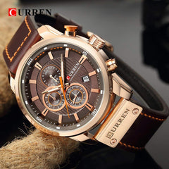 Herren-Armbanduhr mit Lederarmband, klassisch, lssig, Edelstahl, wasserdicht, Chronograph, Datum, analog, Quarzuhr - dark brown