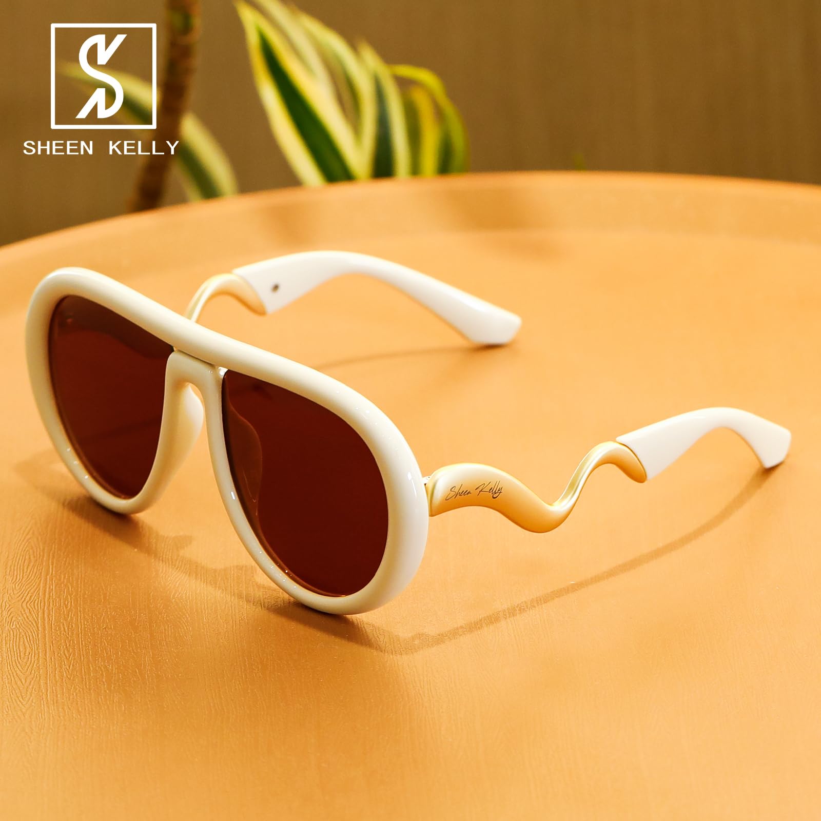 Oversized Trendy Polarized Pilot Sunglasses for Women Men Retro Oval Flat Top Frame Curved Metal Designer Eyewear