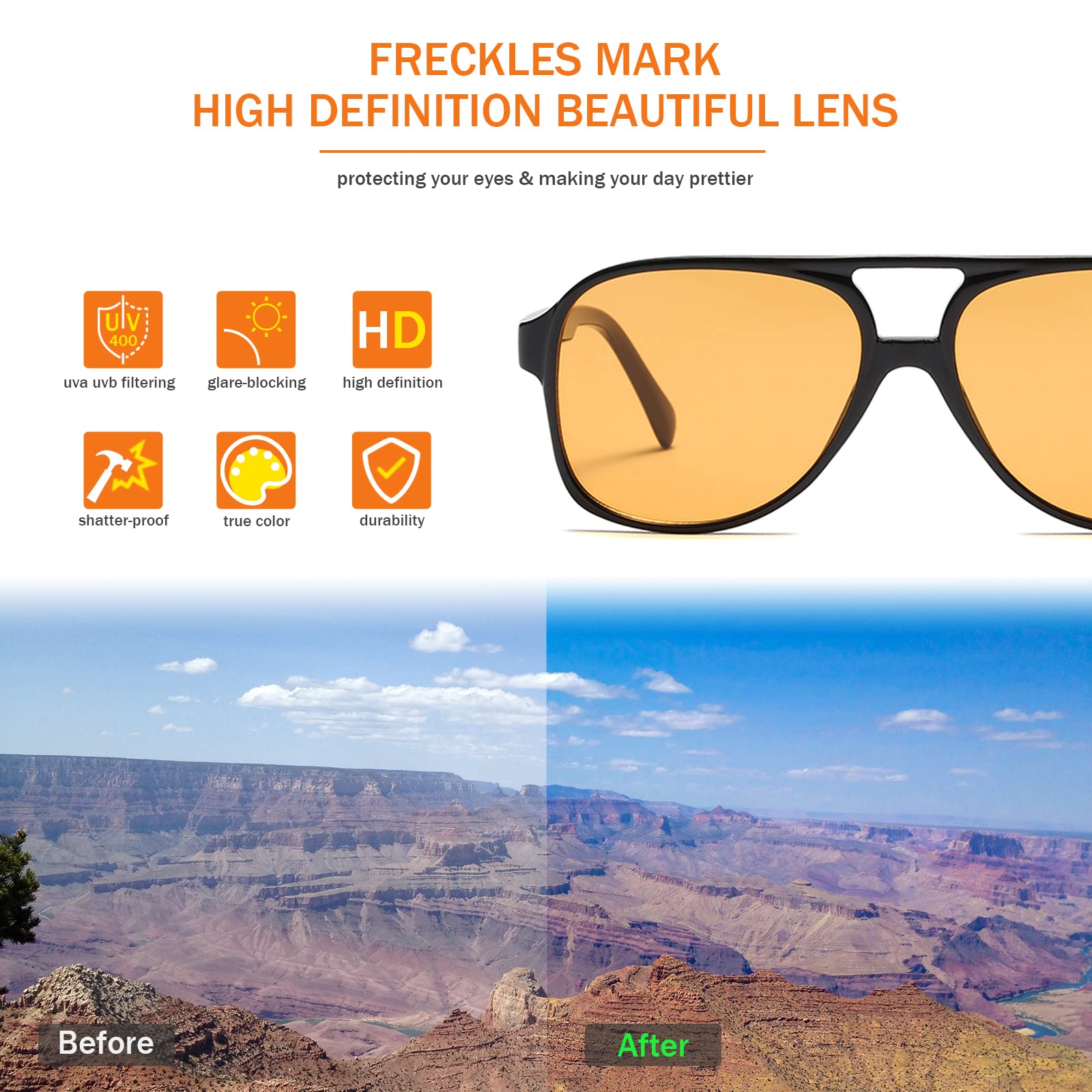 Freckles Mark Vintage Retro 70s Sunglasses for Women Men Classic Large Squared Aviator Frame UV400 Trendy Orange Glasses