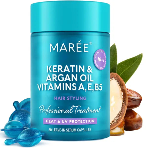 MAREE Hair Oil for Frizzy - Hair Vitamins Keratin Styling Capsules with Jojoba & Argan Oil - Anti Frizz Serum for Women Heat Protectant - Frizzy, Damaged, Dry & Curly