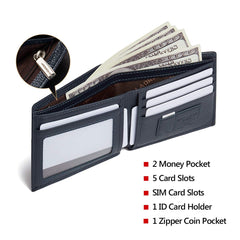 LAORENTOU Men's Genuine Leather Bifold Wallet with Zipper Coin Pocket | Slim & Casual | Dark Blue
