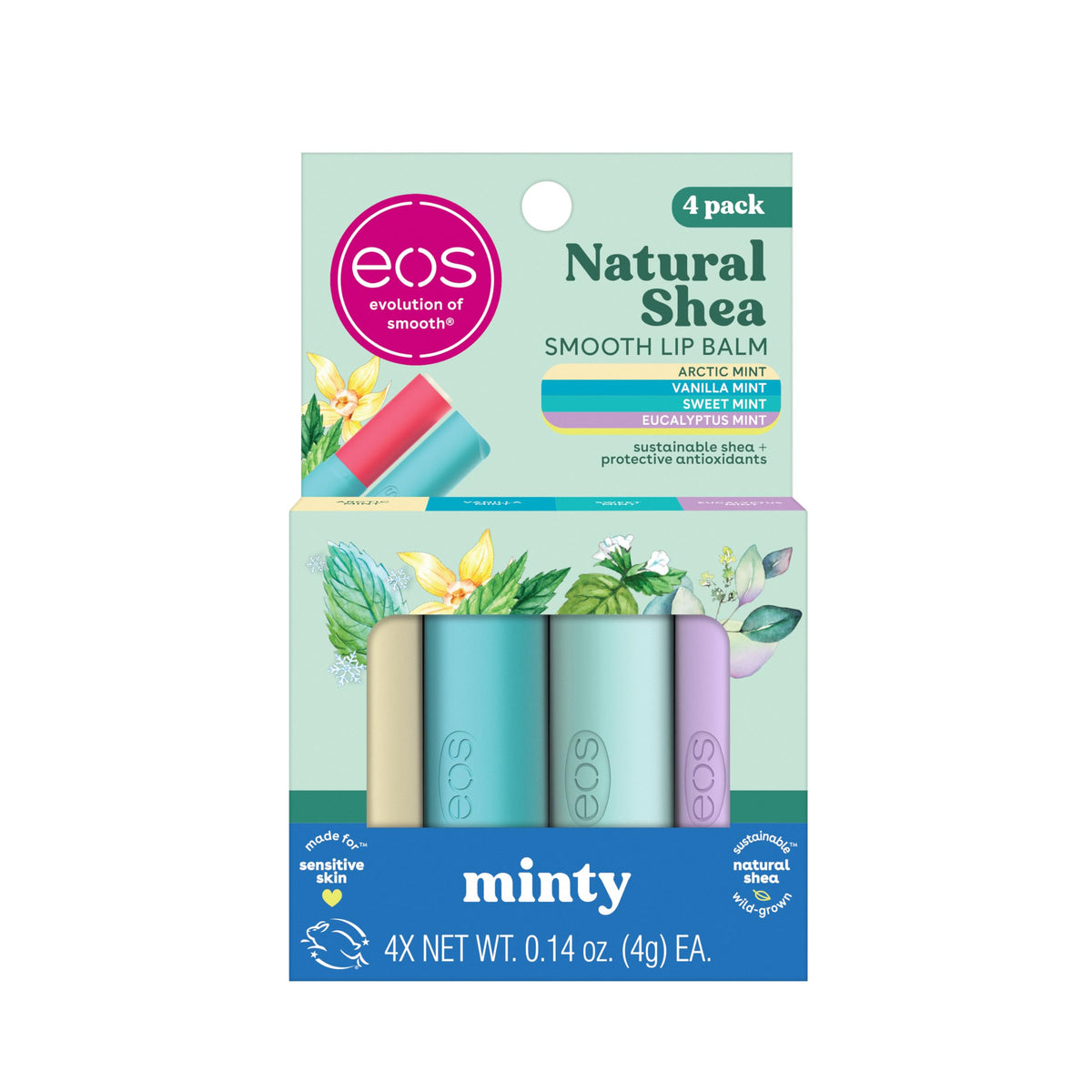 EOS Natural Shea Lip Balm Variety Pack - Arctic, Vanilla, Sweet, Eucalyptus Mint, All-Day Moisture Gift Set, 0.14 oz, 4-Pack